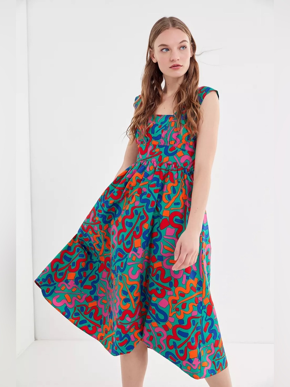UO Urban Outfitters Zoey Abstract Colorful Print Tie-Back Midi Dress